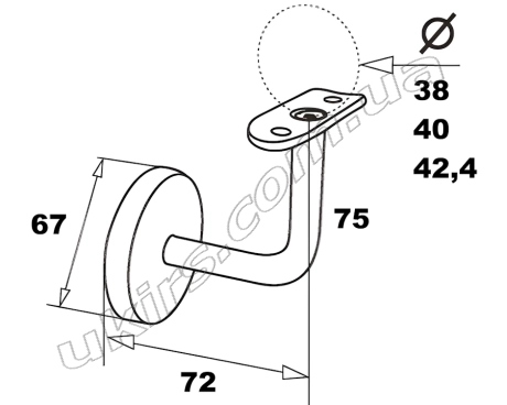 Схема: тримач поручня нержавіючий для труби круглої ∅ 38 / ∅ 40 / ∅ 42.4 мм