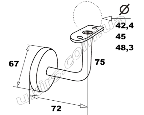 Схема: тримач поручня нержавіючий для труби круглої ∅ 42.4 / ∅ 45 / ∅ 48.3 мм
