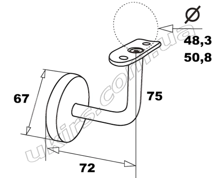 Схема: тримач поручня нержавіючий для труби круглої ∅ 48.3 / ∅ 50.8 мм