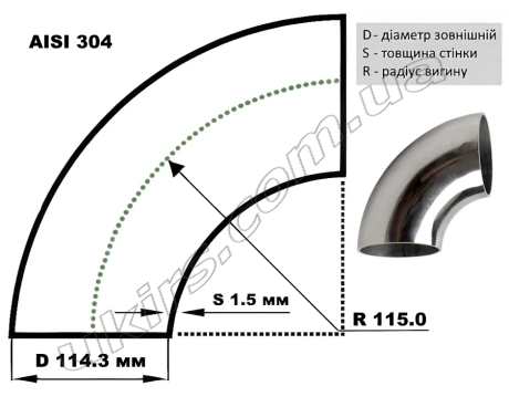 Відвід нержавіючий ∅ 114.3х1.5 мм 400 GRIT AISI 304
