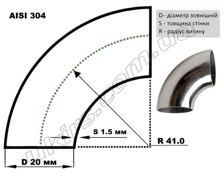 Відвід нержавіючий ∅ 20х1.5 мм 400 GRIT AISI 304