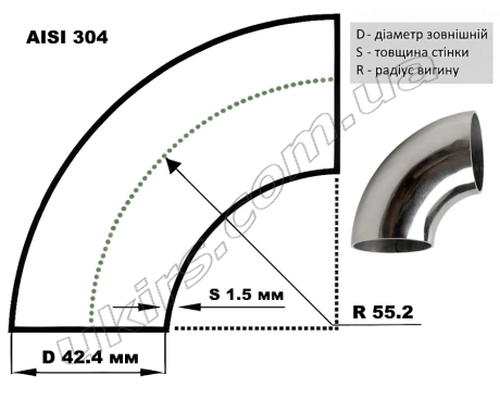 Відвід нержавіючий ∅ 42.4х1.5 мм 400 GRIT AISI 304