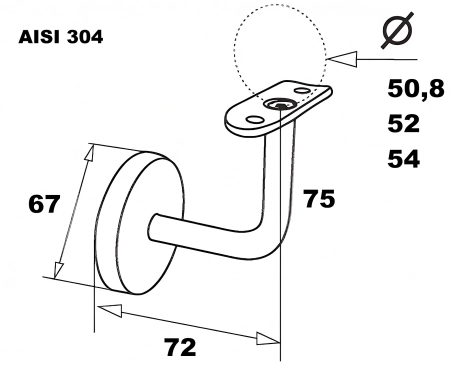 Stainless steel handrail holder for round pipe ∅ 50.8 / ∅ 52 / ∅ 54 mm 600 GRIT AISI 304
