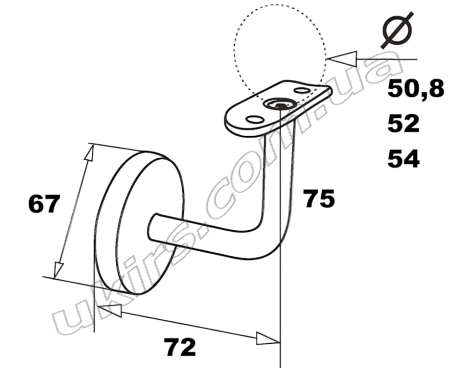 Схема: тримач поручня нержавіючий для труби круглої ∅ 50.8 / ∅ 52 / ∅ 54 мм