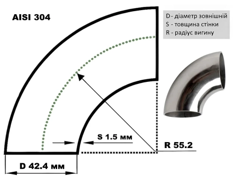 Відвід нержавіючий ∅ 42.4х1.5 мм 400 GRIT AISI 304