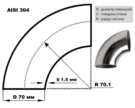 Відвід нержавіючий ∅ 70х1.5 мм 400 GRIT AISI 304