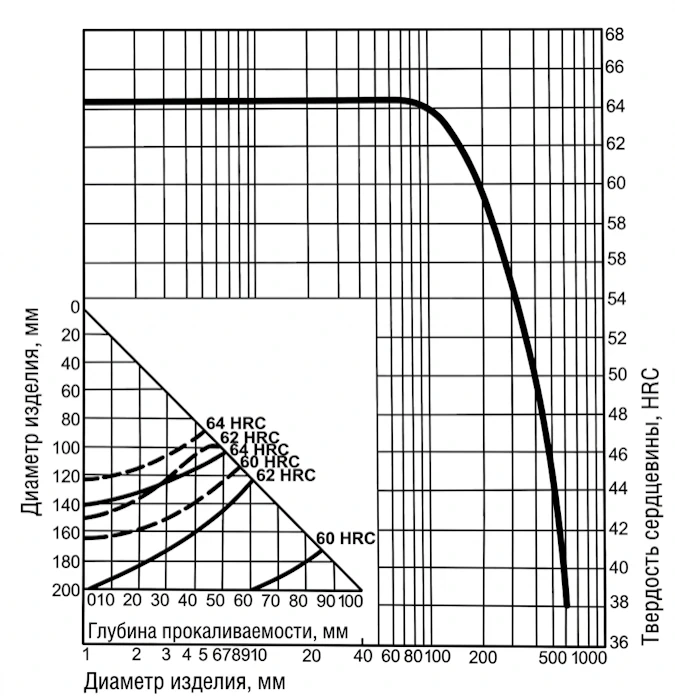 Прокаливаемость стали K110: твердость сердцевины в зависимости от диаметра